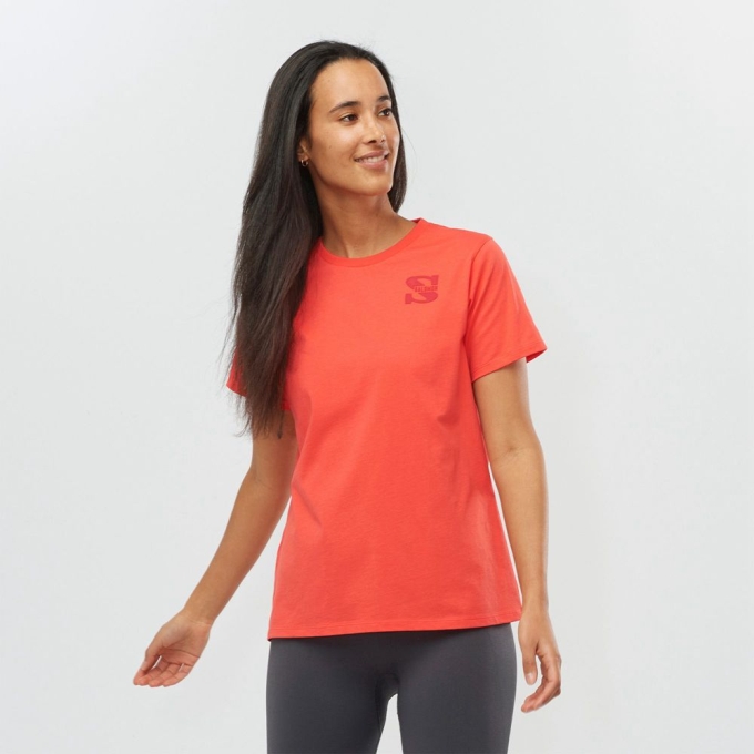 Camiseta Salomon OUTLIFE SMALL LOGO SS W Corta Sleeve Mujer Coral | MX-560FESM