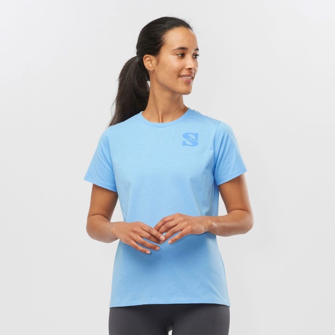 Camiseta Salomon OUTLIFE SMALL LOGO SS W Corta Sleeve Mujer Azules Claro | MX-807EKVR